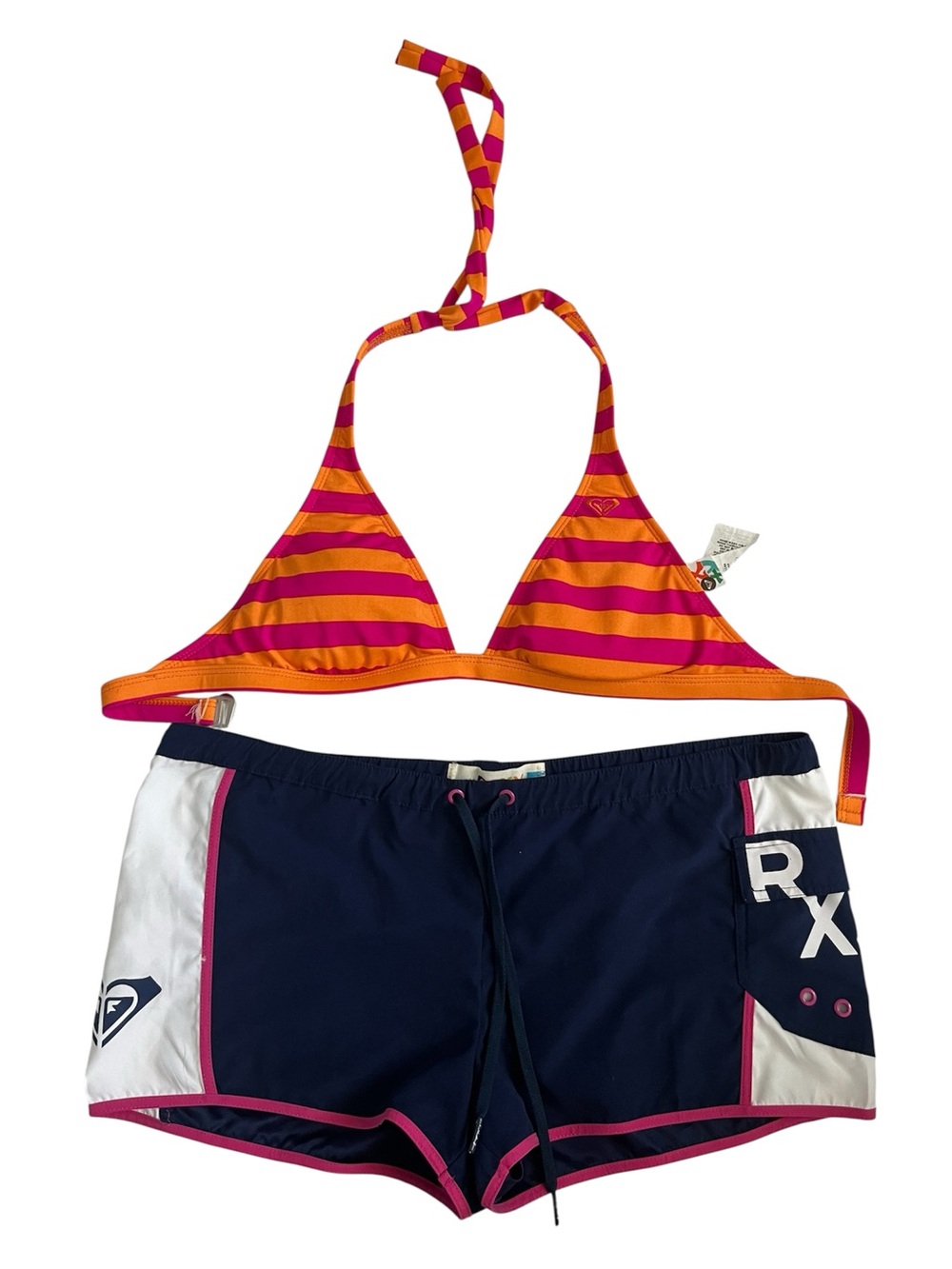 Roxy Orange & Pink Striped Bikini Top with Navy Boardshorts